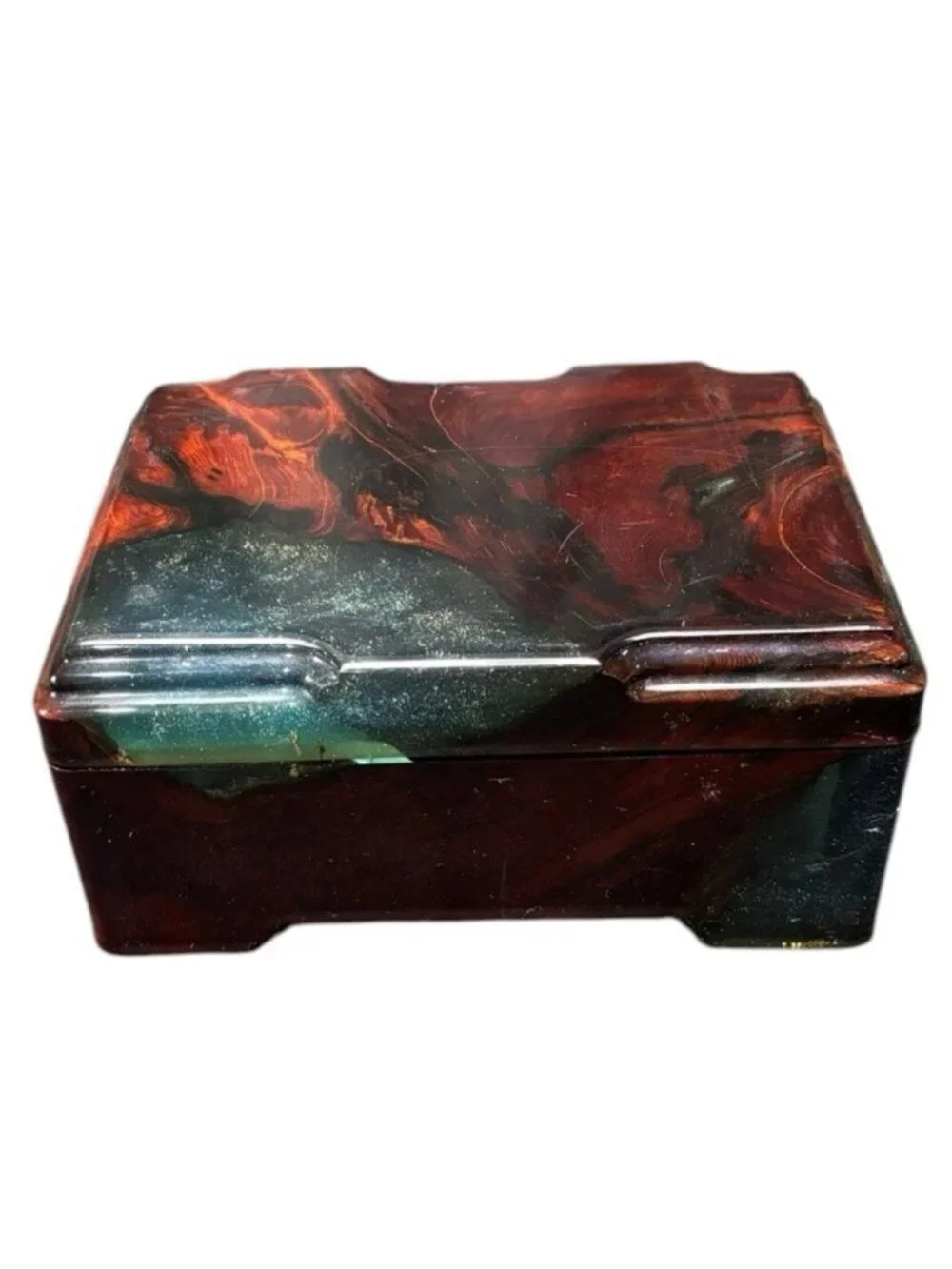 Vintage epoxy jewelry / trinket box featuring a beautiful faux burl wood swirl